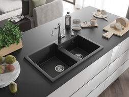 Mexen Tomas granite sink 2-chamber with Carla kitchen tap, black/silver metallic - 6516-73-670700-00