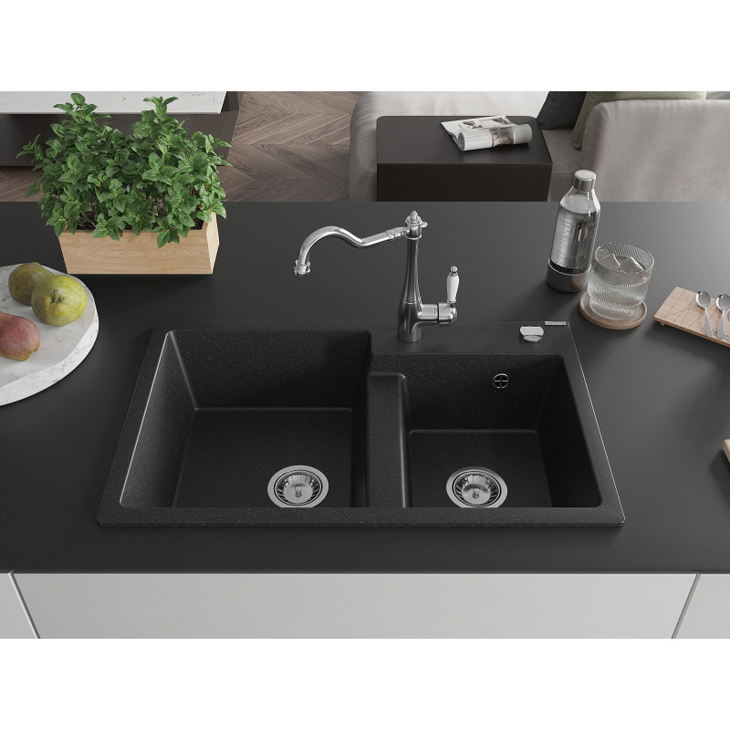 Mexen Tomas 2-bowl granite sink with Carla kitchen faucet, black/silver metallic - 6516-73-670700-00