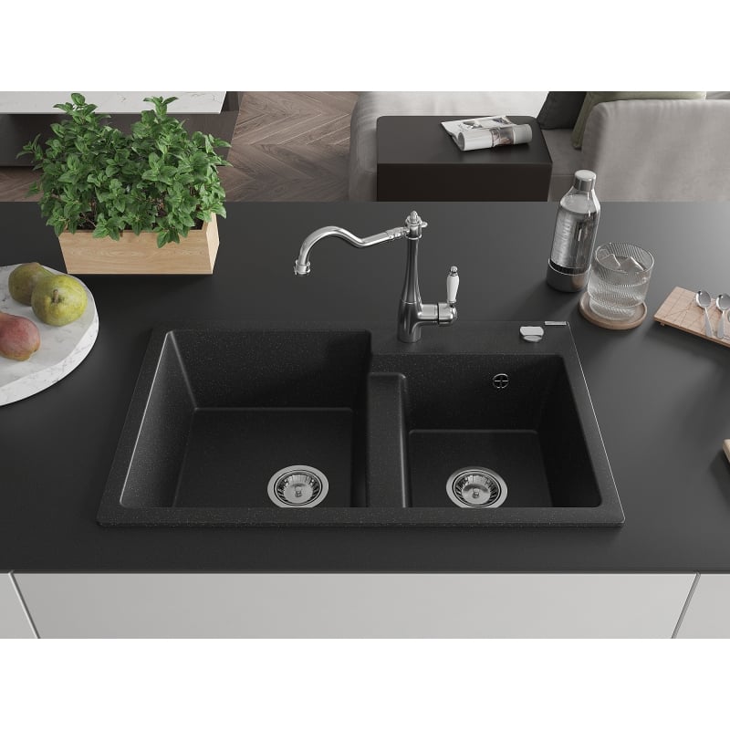 Mexen Tomas granite sink double bowl with kitchen faucet Carla, black/silver metallic - 6516-73-670700-00