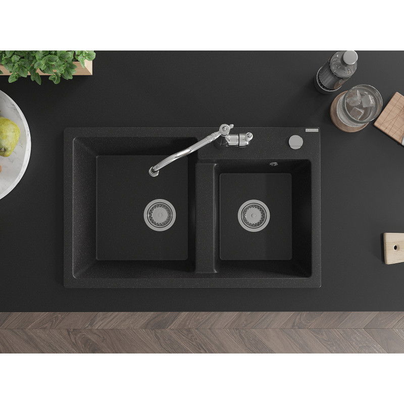 Mexen Tomas granite sink 2-chamber with Carla kitchen tap, black/silver metallic - 6516-73-670700-00