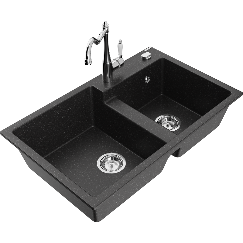 Mexen Tomas granite sink 2-chamber with Carla kitchen tap, black/silver metallic - 6516-73-670700-00