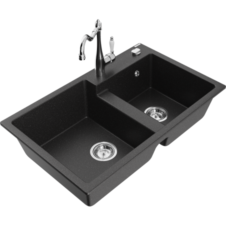 Mexen Tomas granite sink double bowl with kitchen faucet Carla, black/silver metallic - 6516-73-670700-00