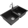 Mexen Tomas 2-bowl granite sink with Carla kitchen faucet, black/silver metallic - 6516-73-670700-00