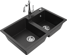 Mexen Tomas granite sink 2-chamber with Carla kitchen tap, black/silver metallic - 6516-73-670700-00