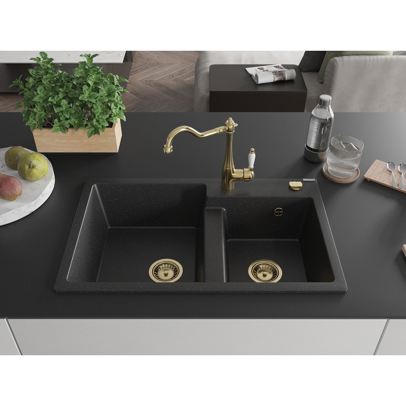 Mexen Tomas granite 2-compartment sink with Carla kitchen faucet, black/silver metallic - 6516-73-670700-50
