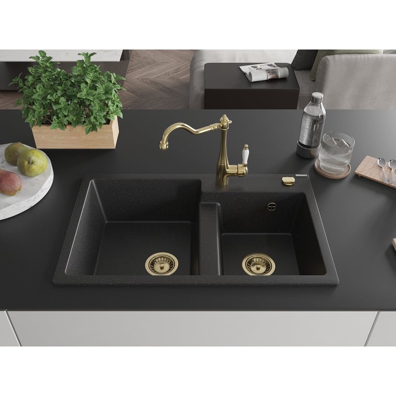 Mexen Tomas granite sink 2-chamber with kitchen faucet Carla, black/silver metallic - 6516-73-670700-50