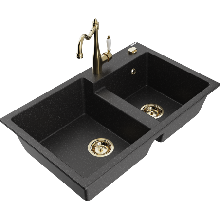 Mexen Tomas granite double-bowl sink with Carla kitchen tap, black/silver metallic - 6516-73-670700-50