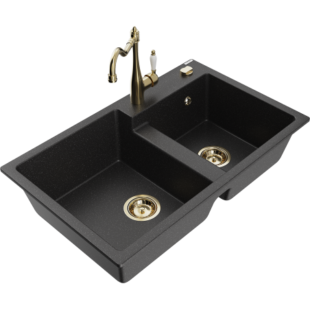 Mexen Tomas granite sink 2-chamber with kitchen faucet Carla, black/silver metallic - 6516-73-670700-50