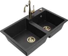 Mexen Tomas granite double-bowl sink with Carla kitchen tap, black/silver metallic - 6516-73-670700-50