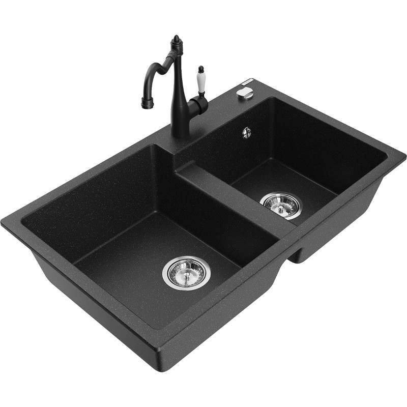 Mexen Tomas granite double bowl kitchen sink with Carla faucet, black/silver metallic - 6516-73-670700-70