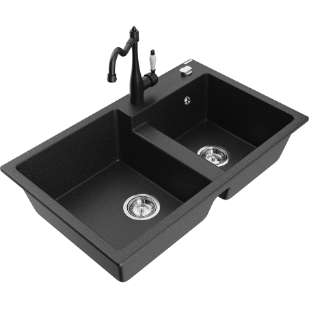 Mexen Tomas 2-Bowl Granite Sink with Kitchen Faucet Carla, Black/Silver Metallic - 6516-73-670700-70