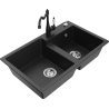 Mexen Tomas granite double bowl kitchen sink with Carla faucet, black/silver metallic - 6516-73-670700-70