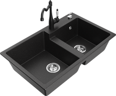 Mexen Tomas granite double bowl kitchen sink with Carla faucet, black/silver metallic - 6516-73-670700-70