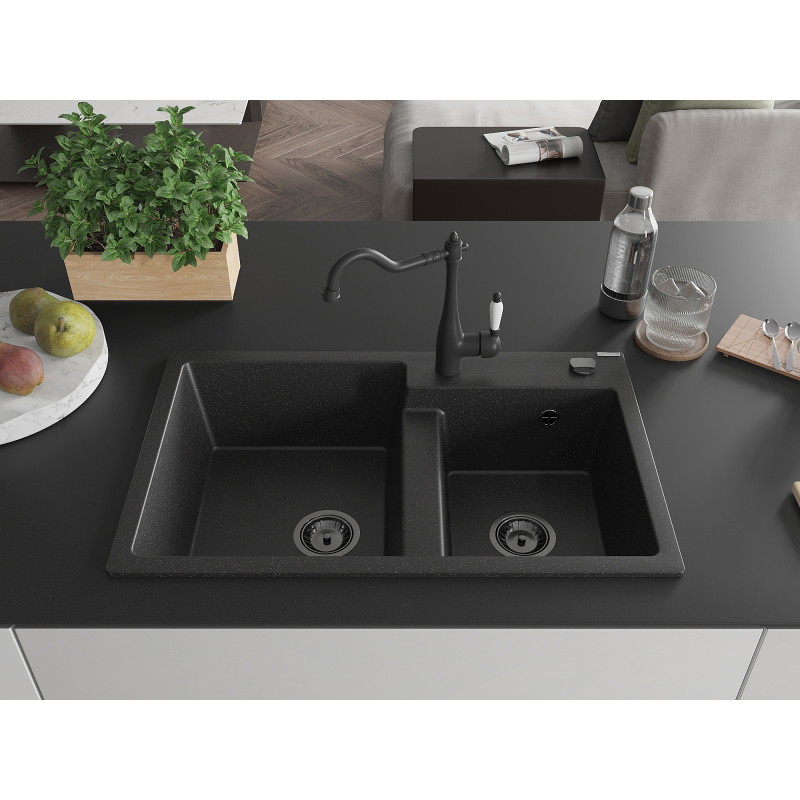 Mexen Tomas 2-bowl granite kitchen sink with Carla faucet, black/silver metallic - 6516-73-670700-70-B