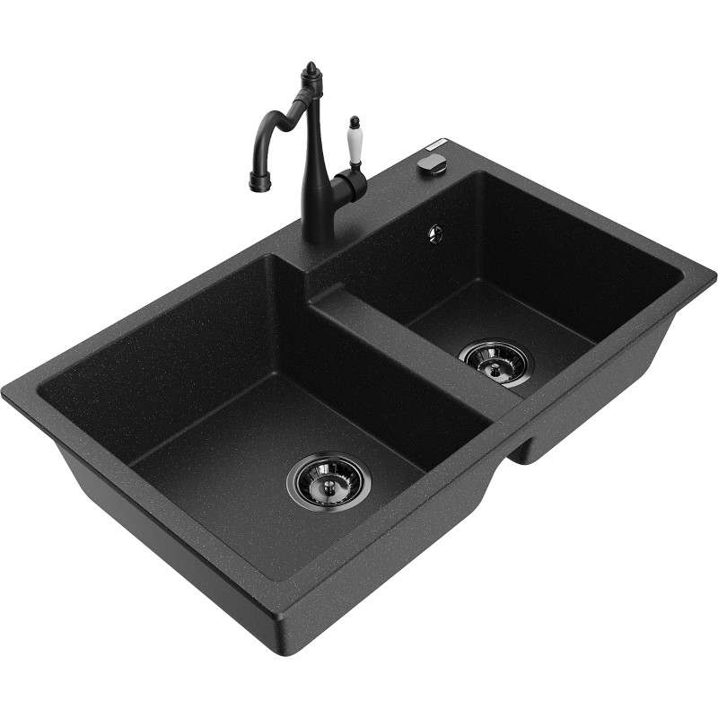 Mexen Tomas 2-bowl granite kitchen sink with Carla faucet, black/silver metallic - 6516-73-670700-70-B