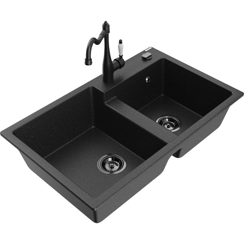 Mexen Tomas 2-compartment granite sink with a kitchen mixer tap Carla, Black/Silver metallic - 6516-73-670700-70-B