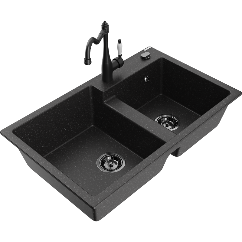 Mexen Tomas granite sink with 2 bowls and Carla kitchen tap, black/silver metallic - 6516-73-670700-70-B