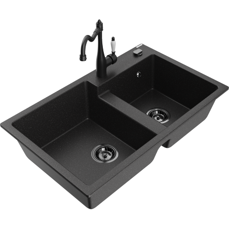 Mexen Tomas 2-bowl granite kitchen sink with Carla faucet, black/silver metallic - 6516-73-670700-70-B