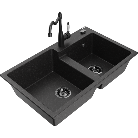 Mexen Tomas granite kitchen sink 2-chamber with kitchen faucet Carla, black/silver metallic - 6516-73-670700-70-B