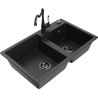 Mexen Tomas granite sink with 2 bowls and Carla kitchen tap, black/silver metallic - 6516-73-670700-70-B
