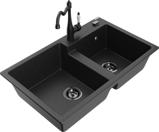 Mexen Tomas granite kitchen sink 2-chamber with kitchen faucet Carla, black/silver metallic - 6516-73-670700-70-B