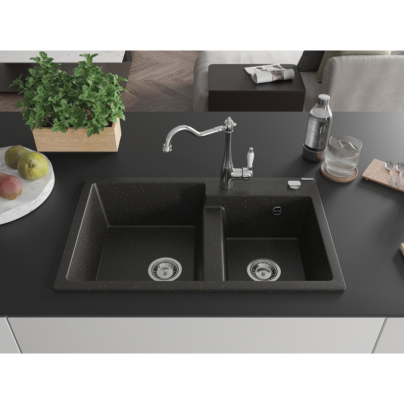 Mexen Tomas granite double-bowl sink with Carla kitchen faucet, black/gold metallic - 6516-75-670700-00
