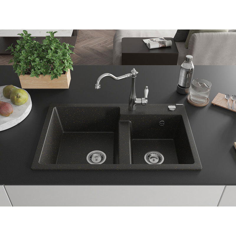 Mexen Tomas granite sink 2-bowl with Carla kitchen tap, black/gold metallic - 6516-75-670700-00