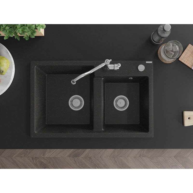 Mexen Tomas granite double-bowl sink with Carla kitchen faucet, black/gold metallic - 6516-75-670700-00