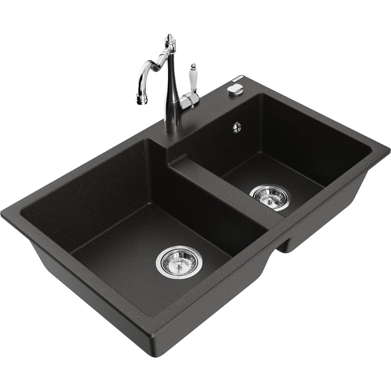 Mexen Tomas granite double-bowl sink with Carla kitchen faucet, black/gold metallic - 6516-75-670700-00