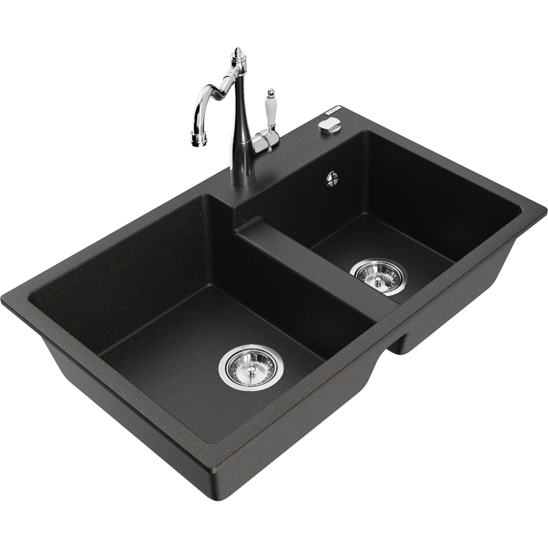 Mexen Tomas granite sink 2-bowl with Carla kitchen tap, black/gold metallic - 6516-75-670700-00