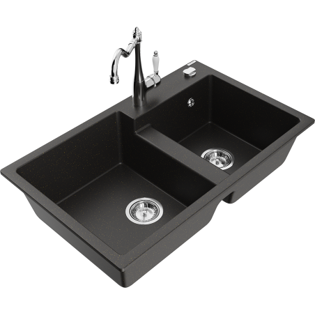 Mexen Tomas granite double-bowl kitchen sink with Carla kitchen faucet, black/gold metallic - 6516-75-670700-00