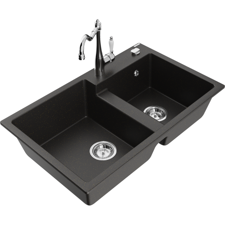 Mexen Tomas granite double-bowl sink with Carla kitchen faucet, black/gold metallic - 6516-75-670700-00