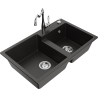 Mexen Tomas granite double-bowl kitchen sink with Carla kitchen faucet, black/gold metallic - 6516-75-670700-00