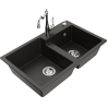 Mexen Tomas granite double-bowl sink with Carla kitchen faucet, black/gold metallic - 6516-75-670700-00