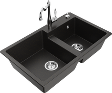 Mexen Tomas granite sink 2-bowl with Carla kitchen tap, black/gold metallic - 6516-75-670700-00