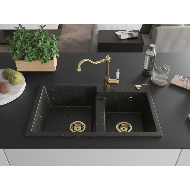 Mexen Tomas granite double-bowl sink with kitchen faucet Carla, black/gold metallic - 6516-75-670700-50
