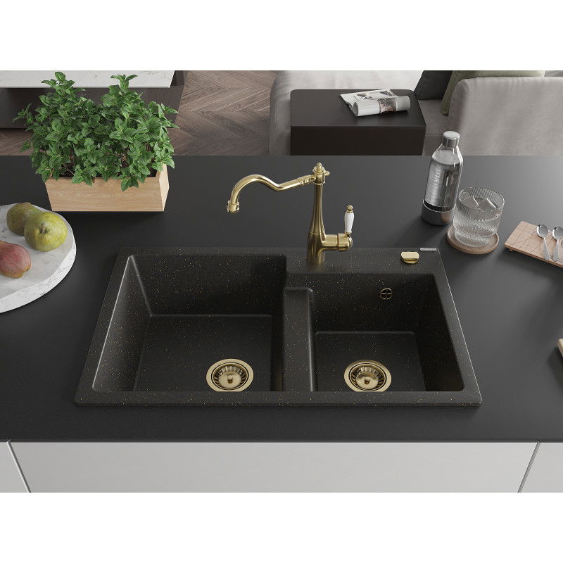 Mexen Tomas granite sink 2-bowl with Carla kitchen tap, black/gold metallic - 6516-75-670700-50