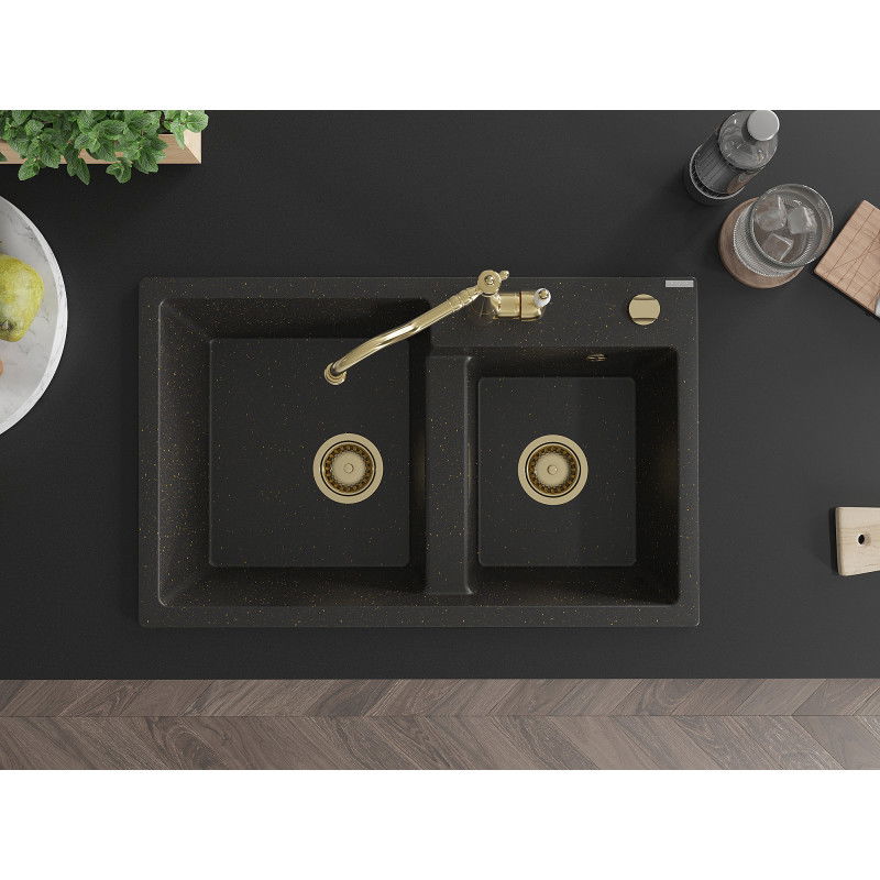 Mexen Tomas granite sink 2-bowl with Carla kitchen tap, black/gold metallic - 6516-75-670700-50