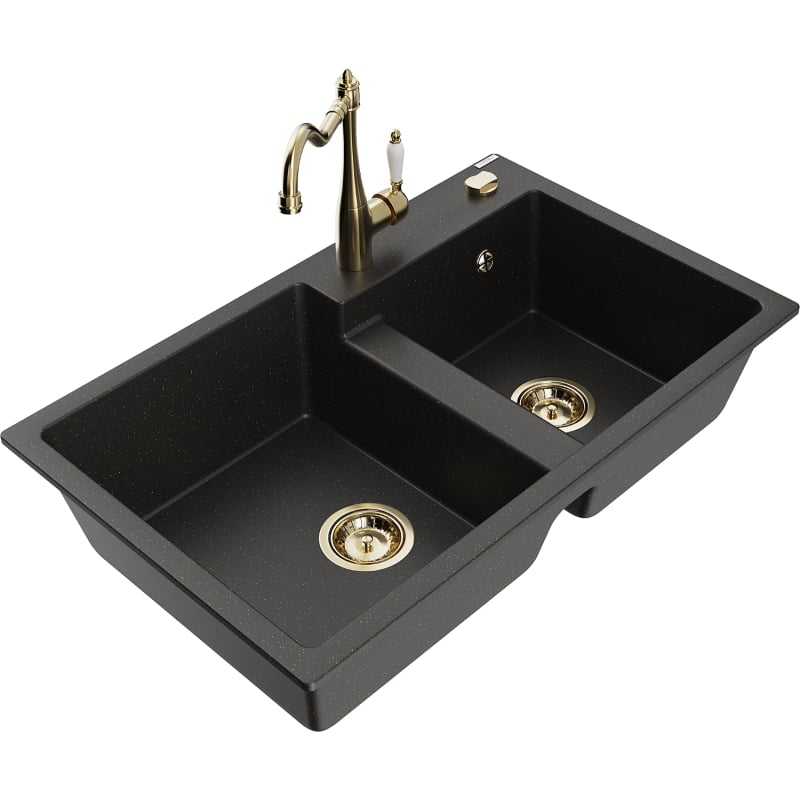 Mexen Tomas granite double-bowl sink with kitchen faucet Carla, black/gold metallic - 6516-75-670700-50