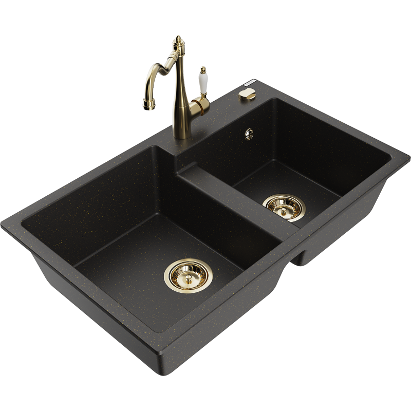 Mexen Tomas granite sink 2-bowl with Carla kitchen tap, black/gold metallic - 6516-75-670700-50
