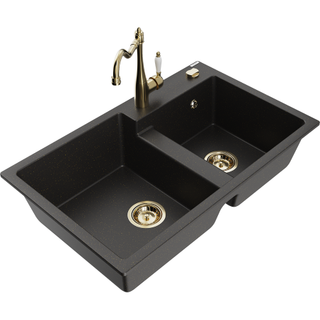 Mexen Tomas granite double-bowl sink with Carla kitchen faucet, black/gold metallic - 6516-75-670700-50