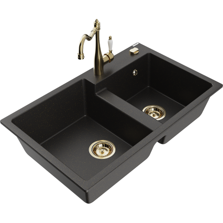 Mexen Tomas granite double-bowl sink with kitchen faucet Carla, black/gold metallic - 6516-75-670700-50