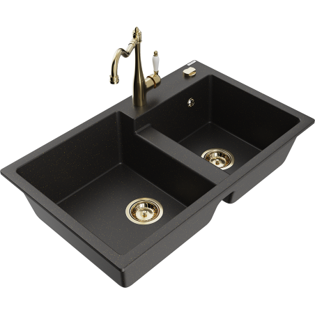 Mexen Tomas granite sink 2-bowl with Carla kitchen tap, black/gold metallic - 6516-75-670700-50