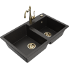 Mexen Tomas granite double-bowl sink with Carla kitchen faucet, black/gold metallic - 6516-75-670700-50