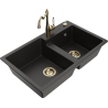 Mexen Tomas granite sink 2-bowl with Carla kitchen tap, black/gold metallic - 6516-75-670700-50