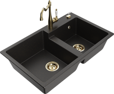 Mexen Tomas granite double-bowl sink with Carla kitchen faucet, black/gold metallic - 6516-75-670700-50