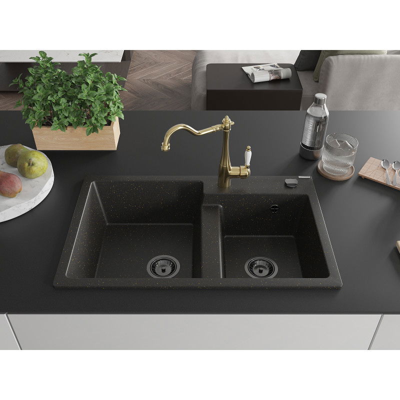 Mexen Tomas granite sink 2-chamber with Carla kitchen tap, black/gold metallic - 6516-75-670700-50-B