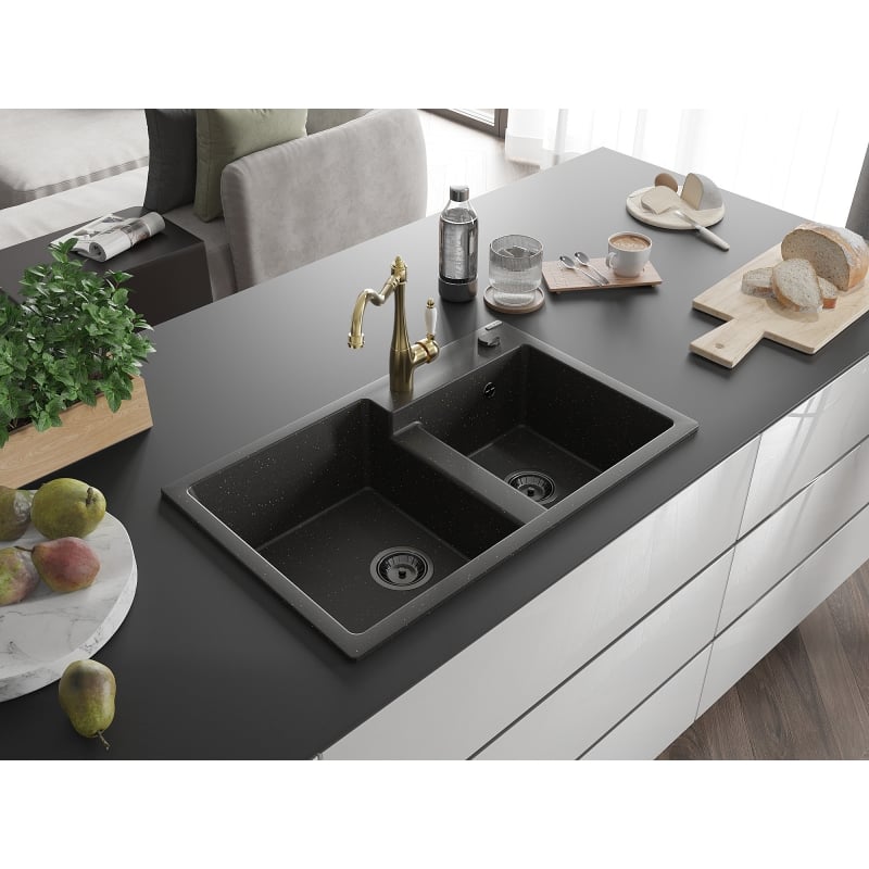 Mexen Tomas granite kitchen sink with 2 compartments and kitchen faucet Carla, black/gold metallic - 6516-75-670700-50-B