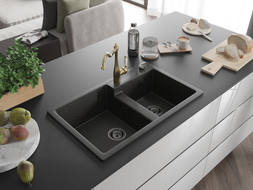 Mexen Tomas granite kitchen sink with 2 compartments and kitchen faucet Carla, black/gold metallic - 6516-75-670700-50-B