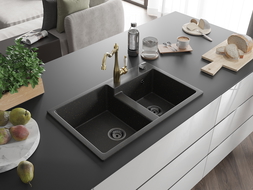 Mexen Tomas granite sink 2-chamber with Carla kitchen tap, black/gold metallic - 6516-75-670700-50-B